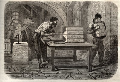 Zeepfabricage - De industrie van zeep - Het snijden van een zeepbrood uit Marseille in repen, met behulp van een draad - gravure in 