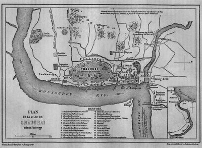 Kaart van de stad Shanghai in 1860, uitzicht op de oude Chinese stad en buitenlandse concessies in 1860. Kaart in 