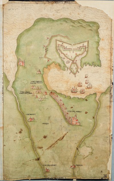 Kaart van Smerwick, Ierland, met de Engelse aarden wal met twee kanonnen voor de aanval op het Spaanse fort en Engelse soldaten die uit Castell More marcheren door Unknown artist
