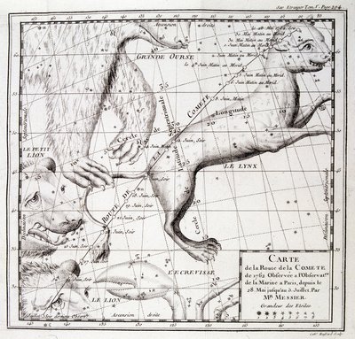 Kaart van de komeetweg van 1762 en kaart van de hemel, waargenomen door Messier - gravure door Unknown artist