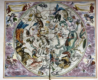 Kaart van de hemel en tekens van de dierenriem - facsimile van een oude compositie die de sterrenbeelden van de zuidelijke hemel voorstelt, volgens de 