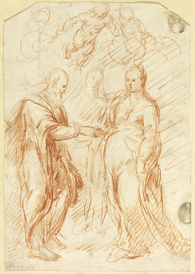 Huwelijk van de Maagd (recto); Schetsen van de onderste helft van het gezicht in profiel (verso) door Unknown artist