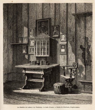 De kamer van Maarten Luther (1483-1546) in Wartburg waar hij na zijn excommunicatie in 1521 onderdak vond, met zijn portret en die van zijn ouders boven het bureau, onder wiens ogen hij de Bijbel in het Duits vertaalde en zijn beroemdste teksten schreef. D door Unknown artist