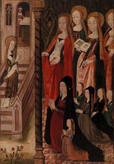 Maria gaat naar de tempel, vier vrouwelijke heiligen en een vrouwelijke schenker en haar dochters door Unknown artist