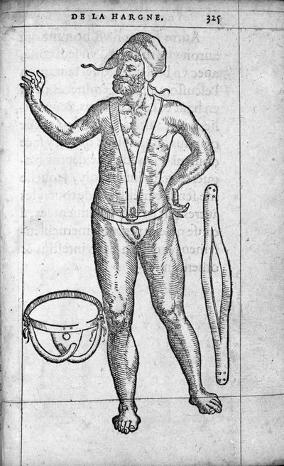 Geneeskunde: een hernia gordel. Gravure uit 
