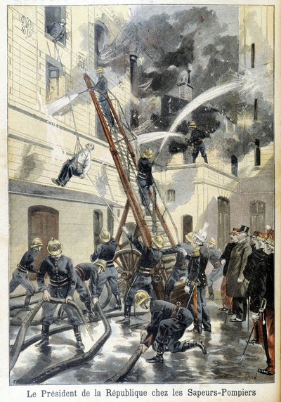 Ontmoeting van de president van de republiek Felix Faure met de brandweerlieden tijdens een interventie tegen een brand. Illustratie van het "kleine krantje" van 1898 door Unknown artist