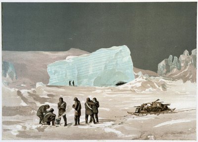 Mannen en slee op het ijs - in "The shores of the polar sea, an Arctic expedition narration", door Dr. Edward Moos, Marcus Nard & Co, Londen door Unknown artist