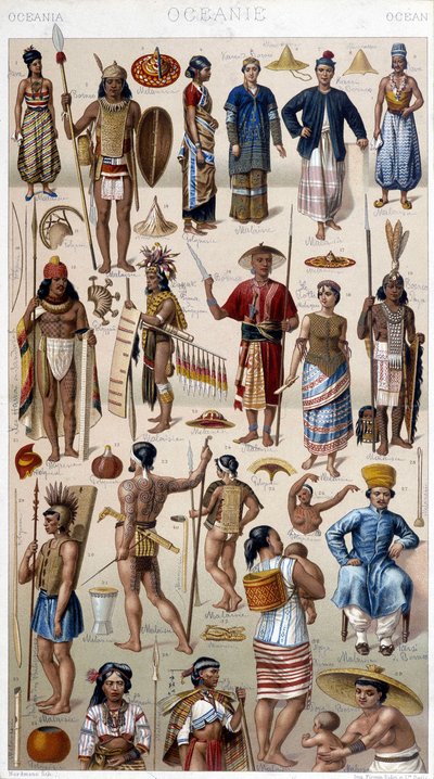 Mannen en vrouwen die de verschillende volkeren van Oceanië vertegenwoordigen door Unknown artist