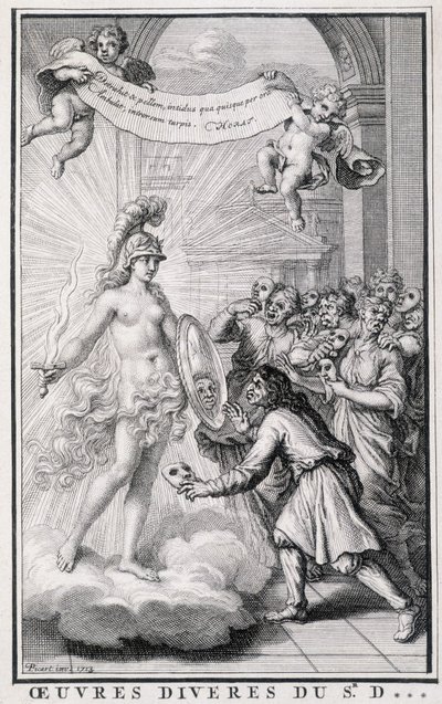 Mannen die zichzelf zonder hun maskers bekijken voor de spiegel van de allegorie van de waarheid. Gravure uit de 18e eeuw door Unknown artist
