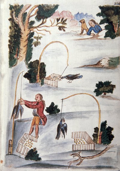 Methode om vogels te vangen met een lasso, uit het boek "Trujillo del Peru" of "Códice Martínez Compañón", door Baltazar Martinez Compañón y Bujanda, bisschop van Trujillo (1782-1785) door Unknown artist