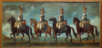 Militaire uniformen van draken volgens het bevel van 1779: regimenten van Lanan, Belsunce, Languedoc, Schomberg door Unknown artist