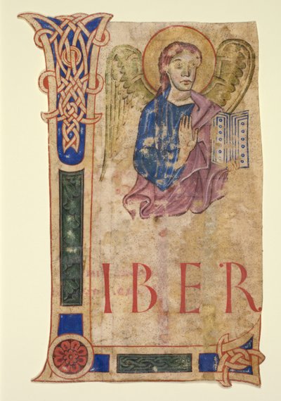 Miniatuur uitgesneden uit een evangelieboek: Het symbool van St. Matteüs (recto) en canon tabellen (verso) door Unknown artist