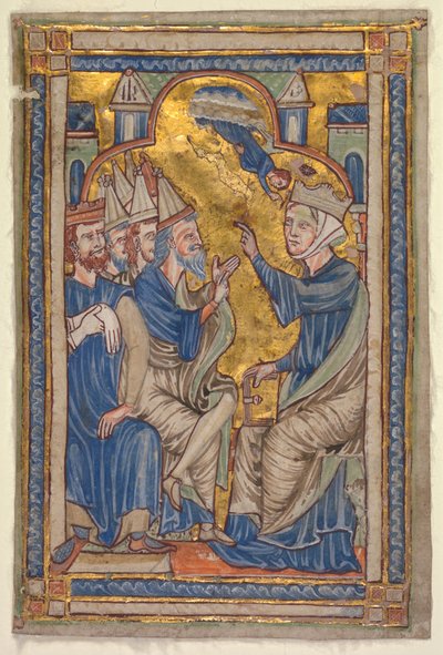 Miniatuur uit een Compendium van Heiligenlevens: Sint-Catharina van Alexandrië in Dispuut met de Vijftig Filosofen door Unknown artist