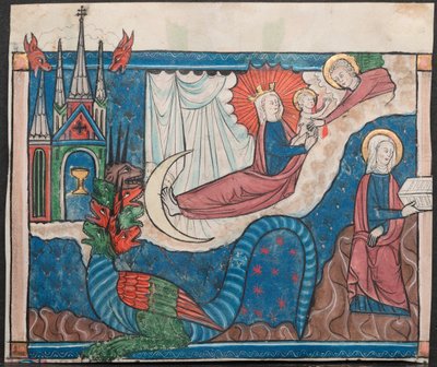 Miniatuur uit een Manuscript van de Apocalyps: De Vrouw Bekleed met de Zon en De Oorlog in de Hemel door Unknown artist
