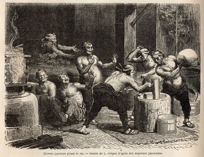 Mitrons die rijst stampen, voordat het wordt gebrouwen om rijstbier te maken. Gravure ter illustratie van de reis naar Japan, door Aime Humbert, minister van de Zwitserse Confederatie, in 1863-1864, gepubliceerd in 