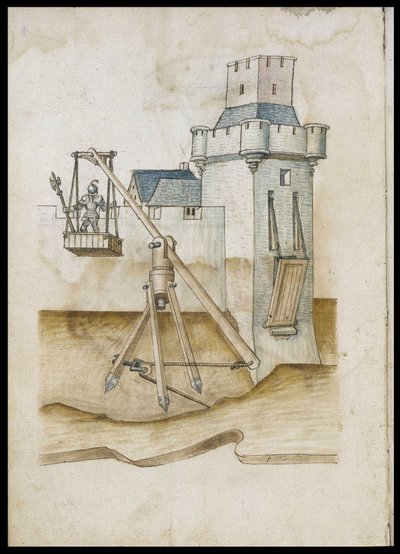 Gracht passagesysteem door hefboom - Manuscript: perkamentblad van een ingenieurshandboek voor de bouw van civiele, religieuze en militaire gebouwen, anoniem, laat 15e eeuw (figuur in Chinese inkt) door Unknown artist