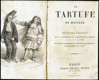 Molière die een geestelijke bang maakt met een theatermasker - Frontispice van “Tartuffe” (Tartufe) van Molière, ed. Hingray, Parijs door Unknown artist