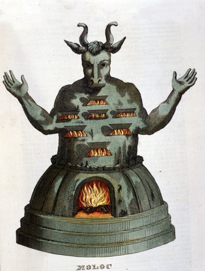 Moloch. Oude Carthaagse godheid. We offerden de kinderen aan hem door ze in de vlammen te werpen. Gravure uit de 19e eeuw door Unknown artist