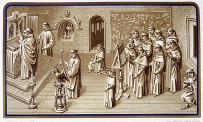 Monniken in een kapel van het klooster: gebed en koor. Grisaille van de Wonderen van Onze Lieve Vrouw. Chromolithografie. 19e eeuw door Unknown artist