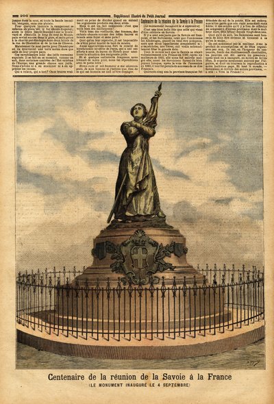 Monument ter herdenking van de honderdste verjaardag van de aansluiting van Savoye bij Frankrijk (1792), door beeldhouwer Falguiere, ingehuldigd op 4 september. Gravure in 