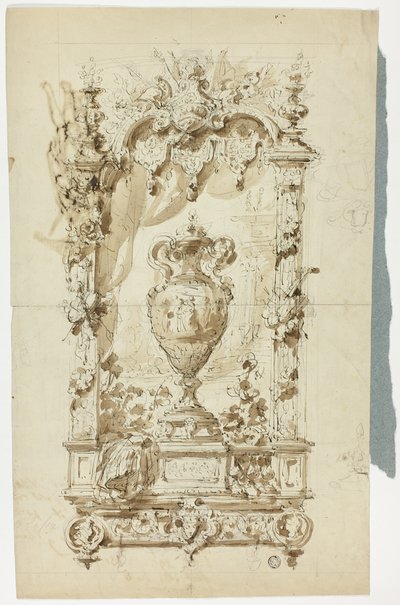 Monumentale vaas in ornamentlijst (recto); schets van staande man met parasol en papegaai, en architectuurstudies (verso) door Unknown artist