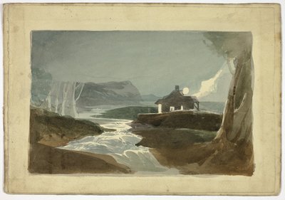 Maan boven huisje bij waterval (recto); toren en stadshuis met rieten dak (verso) door Unknown artist