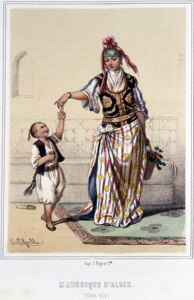 Moorse vrouw vergezeld door een kind thuis in Algiers in de tweede helft van de 19e eeuw door Unknown artist