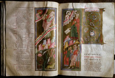 Mozes ontvangt de tafelen van de wet. Dubbele pagina van manuscript 