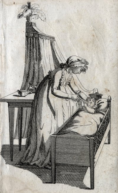 Moeder en baby in een wieg. Gravure eind 18e eeuw. Privécollectie door Unknown artist