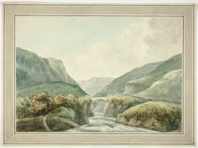 Bergstadje bij brug die stroomversnellingen overbrugt door Unknown artist