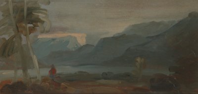 Bergachtig landschap met figuren en vee door Unknown artist