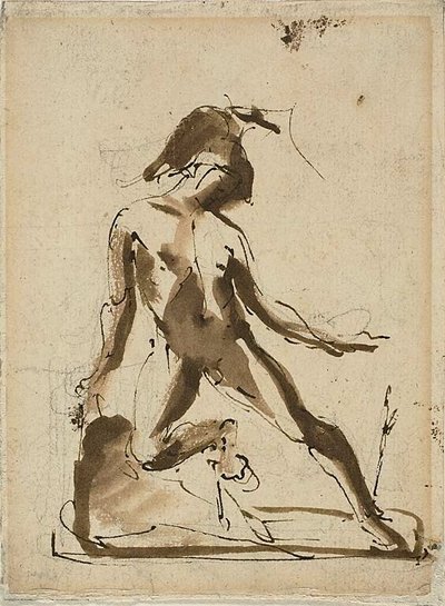 Mythologische figuur: Achilles met leeuwenhuid (recto); Schetsen van figuren (verso) door Unknown artist