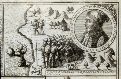 Vasco Nunez de Balboa neemt bezit van de Zuidzee. Gravure, 1728. door Unknown artist