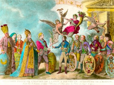Napoleon Bonaparte presenteert de olijfboom van vrede aan alle machten van Europa. Gravure 1801 door Unknown artist