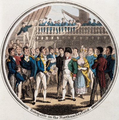 Napoleon Bonaparte en de Engelse admiraal George Cockburn op Northumberland vergezeld door Madame Bertrand door Unknown artist