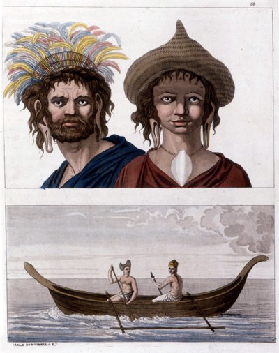 Inheems van Paaseiland (Rapa Nui) in Polynesië, leden van de Lange Oren clan. Beneden, een van hun boten. - in “Het Oude en Moderne Kostuum” door Jules Ferrario door Unknown artist