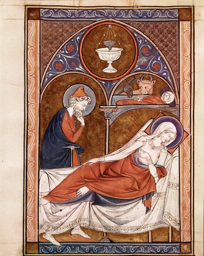 Geboorte: de Maagd Maria ligt hier op een bed (pagina uit het manuscript Psalterium Cum Calendario) door Unknown artist