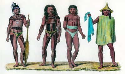 Natuurlijke eilanden van Iros Penelap en Aouara, bevolking van het Oceanische continent. 18e eeuw gravure door Unknown artist