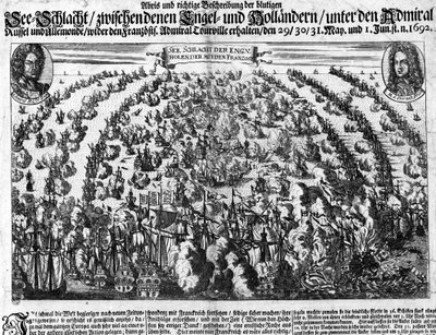 Zeeslag bij La Hougue (1692) die het leger van Lodewijk XIV tegenover Nederland stelde. Gravure. 18e eeuw. door Unknown artist