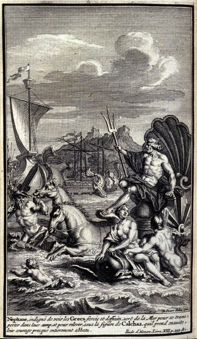 Neptunus, verontwaardigd over het zien van de Griekse krachten en daden, verlaat de zee om zich naar hun kamp te begeven en hun bijna volledig vernietigde moed op te wekken onder de gedaante van Calchas die hij dan aanneemt. Illustratie van boek XIII van d door Unknown artist