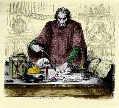 Nicolas Flamel (1330 - 1418) in zijn laboratorium door Unknown artist
