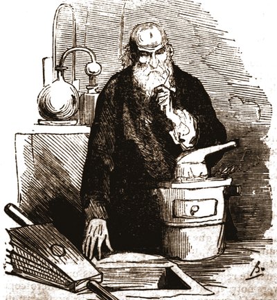 Nicolas Flamel (1330 - 1418) in zijn laboratorium. door Unknown artist