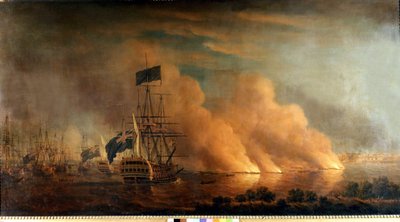 Nachtelijke aanval door de Franse brulots tegen de Engelse vloot in de haven van Quebec: ingenomen door de Engelsen op 28/06/1759. Schilderij. door Unknown artist