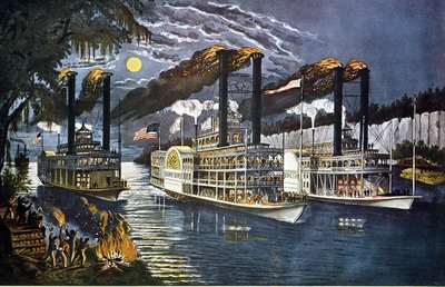 Nachtrace van de 2 boten bij zonsopgang op de Mississippi door Unknown artist