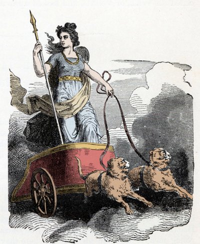 Noorse Mythologie: Frigga - Noordse mythologie: de godin Freyja in haar door katten getrokken wagen door Unknown artist