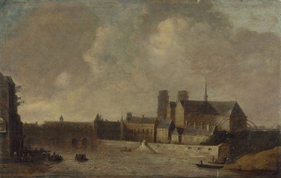 Notre-Dame en het Aartsbisschoppelijk Paleis, gezien vanaf de Quai de la Tournelle, circa 1640, huidige 4e arrondissement, tussen 1635 en 1645 door Unknown artist