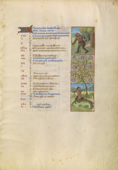 November Kalenderblad; Eikels verzamelen voor varkens; Boogschutter door Unknown artist