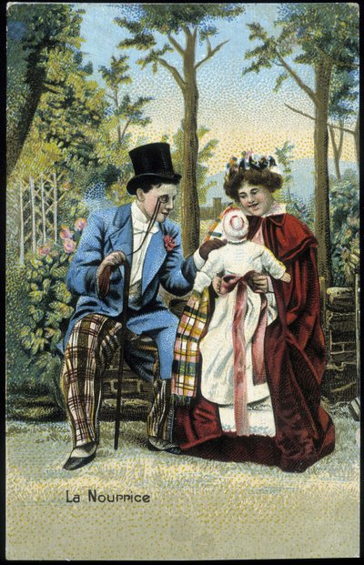 Verpleegster met een baby in gesprek met een man in een park - chromo., eind 19e eeuw door Unknown artist