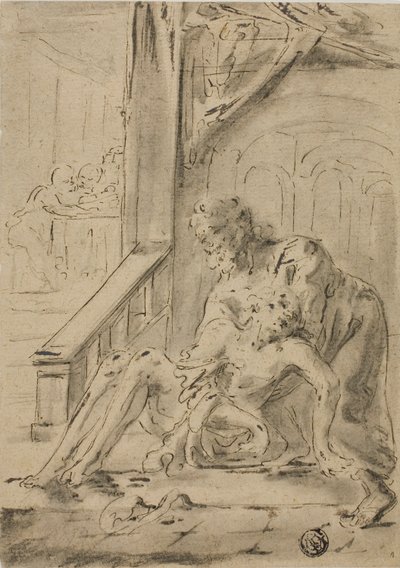 Oude Man Ondersteunt Jonge Man door Unknown artist