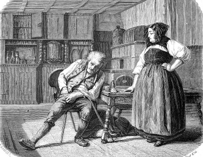 Oude man in een herberg in Frankrijk, op zoek naar geld in zijn zak om zijn rekening te betalen door Unknown artist